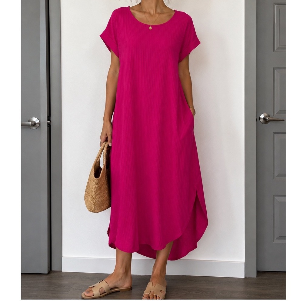 Entro‎ Fuchsia Pink Ribbed Knit Maxi Dress Short Sleeve Pocket High Low 1X cc